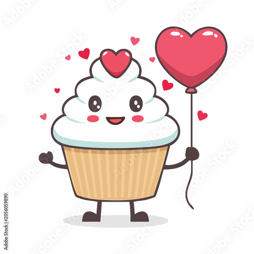Cute Cupcake Character Holding a Heart Balloon