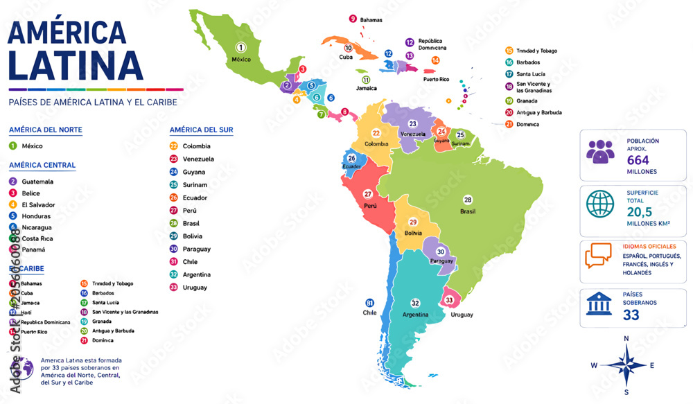 Fototapeta premium Detailed colorful infographic map showing geographical layout and statistical data for all Latin American and Caribbean countries including numbered regions and labels on transparent background