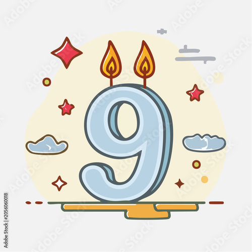 Number 9 Birthday Candle with Flames and Stars