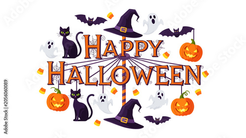 Slika na platnu Happy Halloween Celebration: A festive collection of iconic Halloween imagery, including grinning pumpkins, playful ghosts, sleek black cats, spooky bats, and pointy witch hats