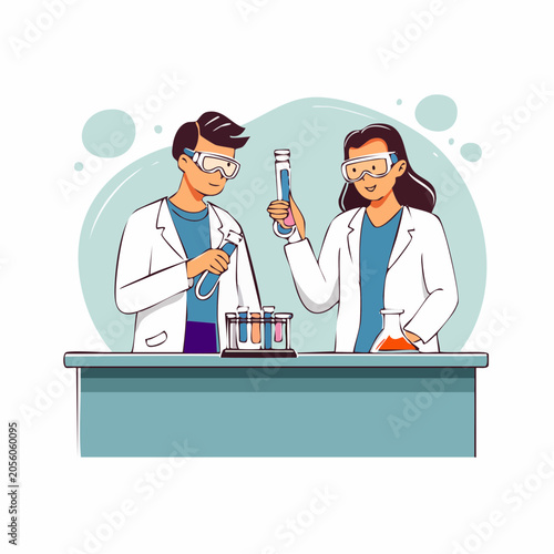 Scientists in Lab Coats Conducting Experiment with Test Tubes