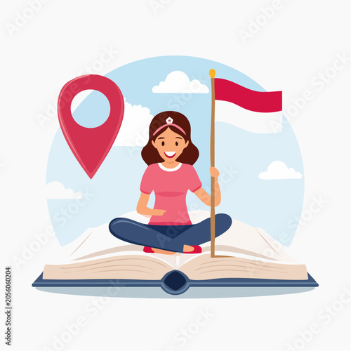 Woman with Indonesian Flag Sitting on Open Book