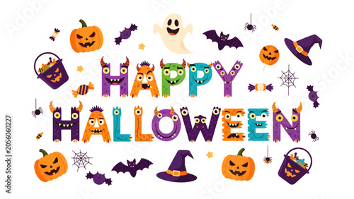 Obraz na plátně Spooky Fun for Halloween: A vibrant and playful illustration featuring the words Happy Halloween in colorful monster-themed letters, surrounded by classic spooky elements like pumpkins, ghosts, bats