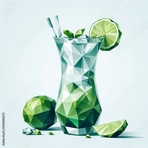 Low Poly Mojito with Lime Slice. Geometric Mojito Cocktail Illustration