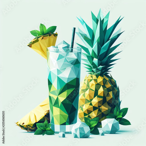 Low Poly Tropical Mojito with Pineapple. Geometric Pineapple Mojito Drink