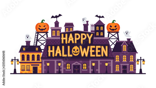 Принти на полотні Halloween Town Celebration: A charmingly spooky town decorated for Halloween, featuring illuminated buildings, jack-o'-lanterns, bats, and ghosts, all beneath a Happy Halloween banner