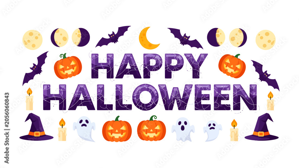 Fototapeta premium Happy Halloween Greeting: Festive Halloween elements including pumpkins, ghosts, bats, and moon phases adorn a celebratory message of Happy Halloween, perfect for seasonal decorations and greetings.
