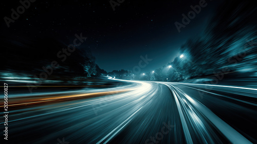 A dynamic long-exposure shot of a winding highway at night, showing motion-blurred car light trails and a starry sky above
