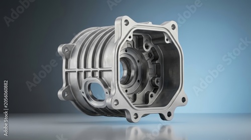 Precision engineered industrial housing component 3D render, protective mechanical enclosure, machined metal casing for machinery and drivetrain systems