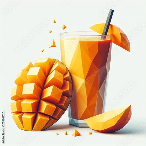 Low Poly Mango Smoothie Glass. Geometric Tropical Mango Smoothie
