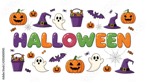 Photos Happy Halloween Celebration: A vibrant illustration captures the essence of Halloween with playful pumpkins, friendly ghosts, pointy witch hats, spooky bats, and candy