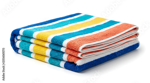 Folded beach towel with stripes isolated on white background