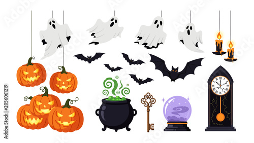 Obraz na płótnie Halloween Icons Collection: A whimsical collection of classic Halloween symbols, including grinning jack-o'-lanterns, spooky ghosts, flying bats, glowing candles, a mystical cauldron, an antique key