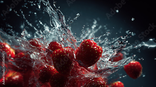 A dynamic close-up shot capturing ripe, red strawberries falling into water with a powerful, frozen-motion splash against a dark background