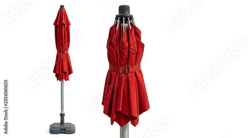 Red patio umbrella isolated on a white background with a stand