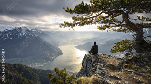 A breathtaking scenic view from a high rocky cliff under a gnarled pine tree, where a lone traveler sits looking down at a massive lake winding through misty, snow-capped mountains