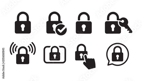 Set of black lock icons on transparent background for security, web, and app design.