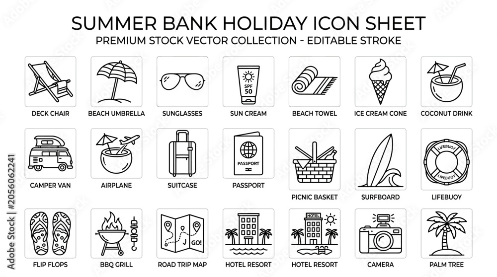 Fototapeta premium Summer Bank Holiday Travel and Leisure Icon Set with Beach, Transport, and Outdoor Activities