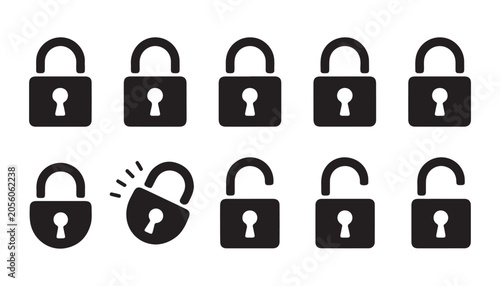Fotografia Collection of black padlock icons showing locked and unlocked states, safety and security on transparent background