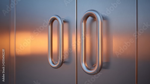 Close-up view of metal handles on a cabinet with warm light shining during sunset