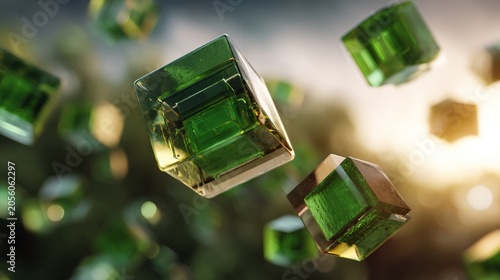 Floating green cubes in a blurred background with bright sunlight shining through in the late afternoon