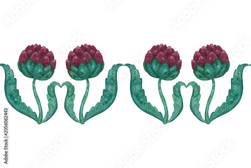 Seamless border of artichoke flowers, hand-drawn watercolor illustration, cartoon. Design for stickers, cards, scrapbooking. Plant, green, pink, flower, nature