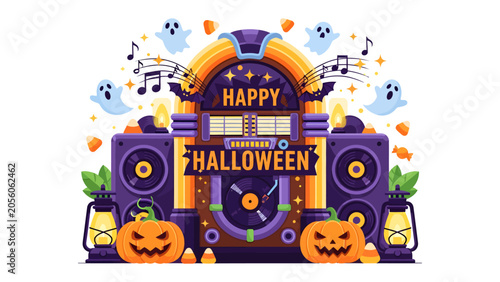 Konstfotografi Spooky Halloween Jukebox Bash: A vibrant illustration captures a festive Halloween scene with a retro jukebox, playful ghosts, carved pumpkins, and candy corn, all set to a hauntingly good tune