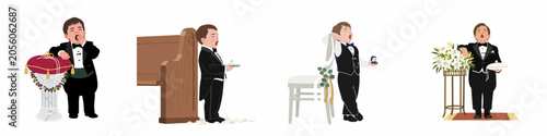 Set of illustrations depicting a tired young ring bearer yawning in a tuxedo during a wedding ceremony, holding rings on various stands.