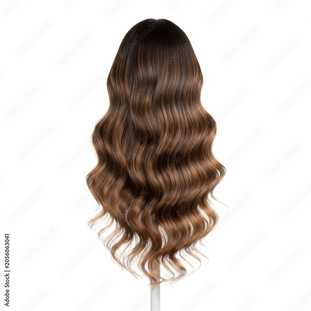 Naklejka premium Long wavy brunette wig with caramel and blonde highlights on a minimalist stand against a transparent background, elegant commercial beauty product display