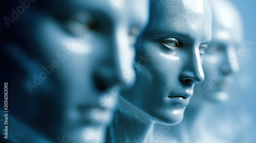 close-up profile shot reveals a row of blue-toned humanoid robot faces, with the central face showing a detailed, cracked textured surface under a shallow depth of field.