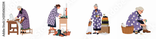 Fotografie Set of illustrations showing an elderly woman carefully packaging and organizing various types of footwear for storage or shipping