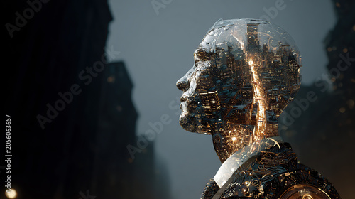 detailed profile portrait of a futuristic humanoid figure with a transparent shell