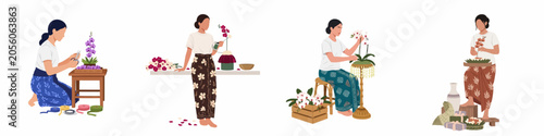Bild auf Leinwand Set of four flat vector illustrations featuring Asian women in traditional sarongs skillfully arranging and preparing orchid flower displays and bouquets