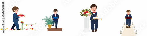 Foto Illustration set of a cute little ring bearer boy in a blue suit at a wedding ce