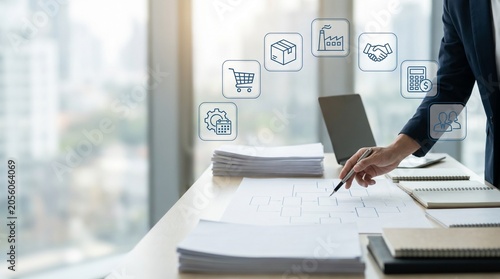 Professional Business Person Analyzing Enterprise Resource Planning Workflow in Modern Office
