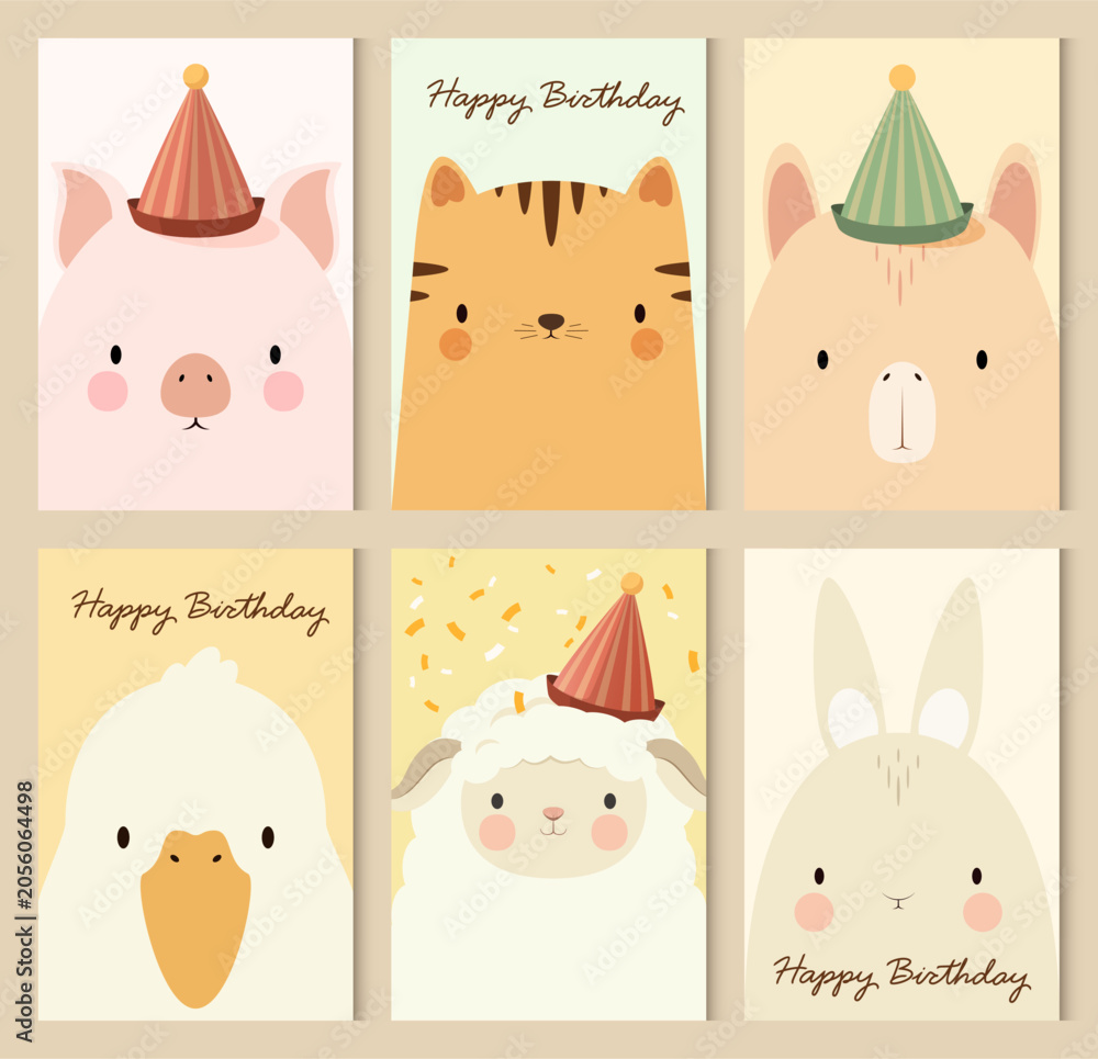 Fototapeta premium A set of cute festive animal faces. Simple illustration. Happy Birthday. Vector graphics. 