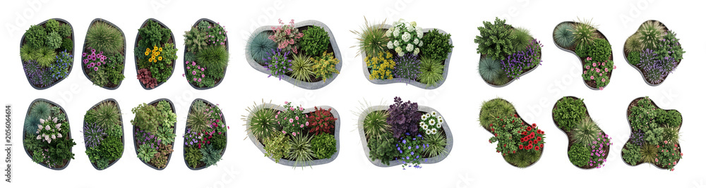 Top view flower bed and planter set isolated on white background, overhead modern garden landscape design elements for architectural plans