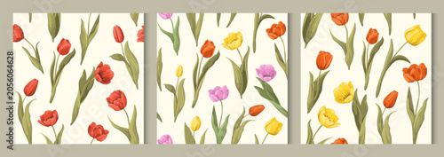 Set of seamless patterns with tulips. Floral patterns. Vector.
