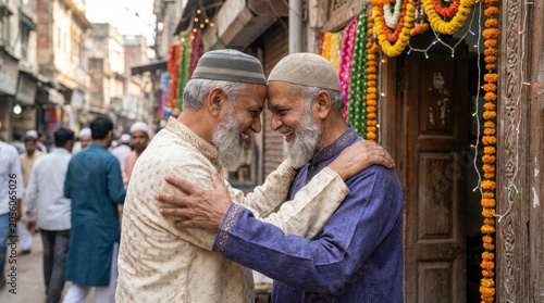 Eid Greeting in Bazaar: Two Muslim men embrace warmly, forehead touching in a gesture of peace and goodwill during Eid celebrations amidst a bustling marketplace adorned with festive garlands.