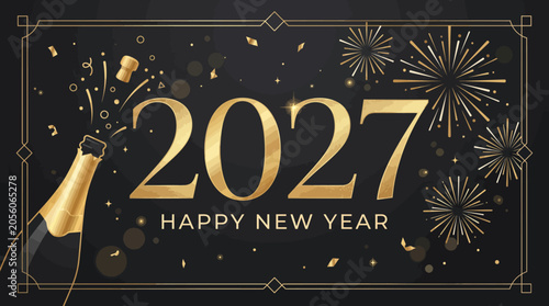 Elegant Golden Happy New Year 2027 Celebration Greeting Card Design Featuring Champagne Bottle Fireworks and Sophisticated Typography