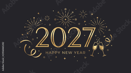 Premium Luxury Happy New Year 2027 Celebration Greeting with Golden Fireworks and Champagne Glasses on Black Background