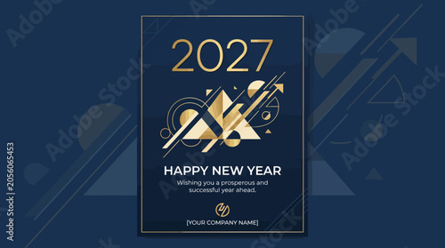 Elegant Gold and Navy Blue Corporate Greeting Card Design for New Year 2027 Celebration