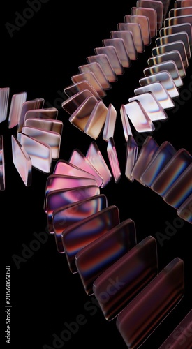 Caustic effect, 3D illustration showing black 3D background, neon light holographic gradient, abstract crystal pattern, and glass chromatic cube block shapes render