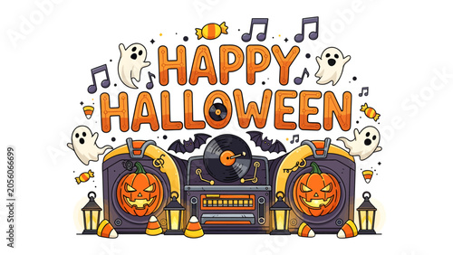 Bild auf Leinwand Happy Halloween Dance Party: A whimsical illustration features a retro boombox adorned with jack-o'-lanterns and bats, surrounded by playful ghosts, candy corn, and musical notes