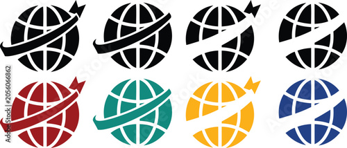 Fotografie Set of globe icons with orbital lines in various colors international spherical