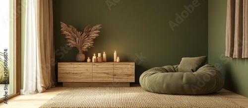 Cozy olive green living room with a beanbag chair