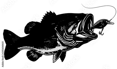 Fotografie Realistic Largemouth Bass Fishing Lure Strike Vector Illustration