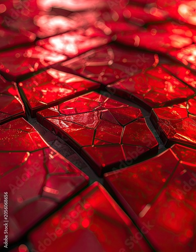 A close-up shot of red, fragmented geometric shapes with a glossy texture.