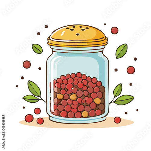 Jar of colorful candy with leaves