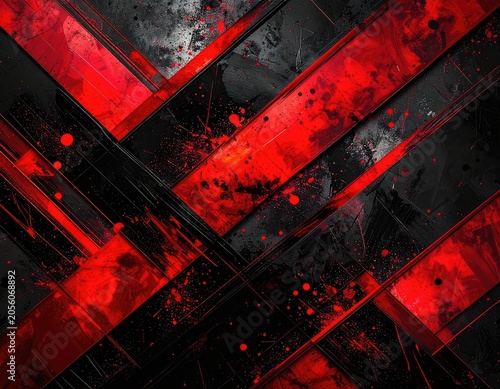 An abstract background features dynamic lines and splashes of red and black.